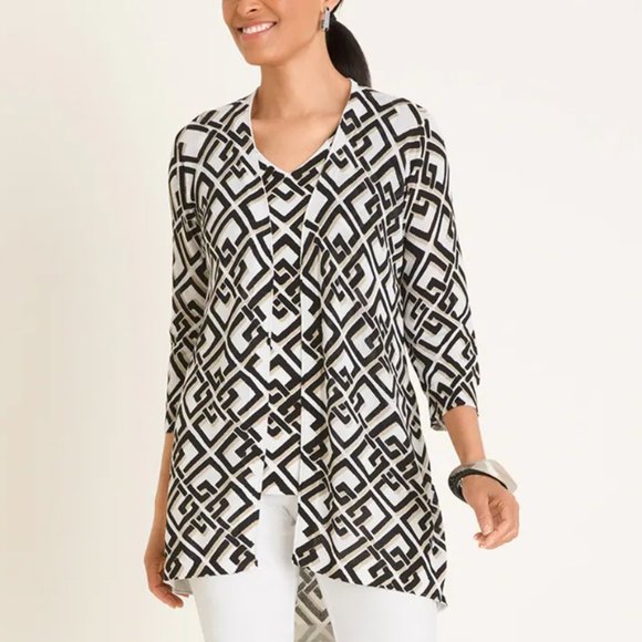 Chico's 2 Black White Chain Pattern Geometric High Low Cardigan Sweater Large‎ L - Picture 1 of 7